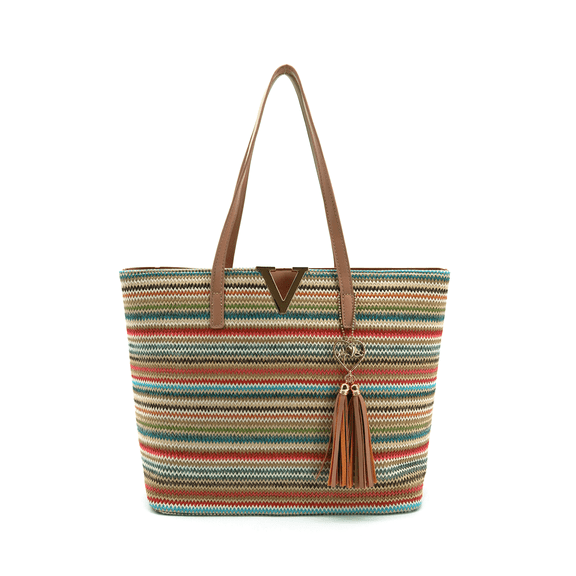 LIKE DREAMS Women's Straw Inner Zipper Pocket Liora Striped Tote Bag, Multi