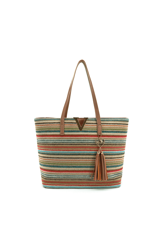 Women's Straw Inner Zipper Pocket Liora Striped Tote Bag, Multi