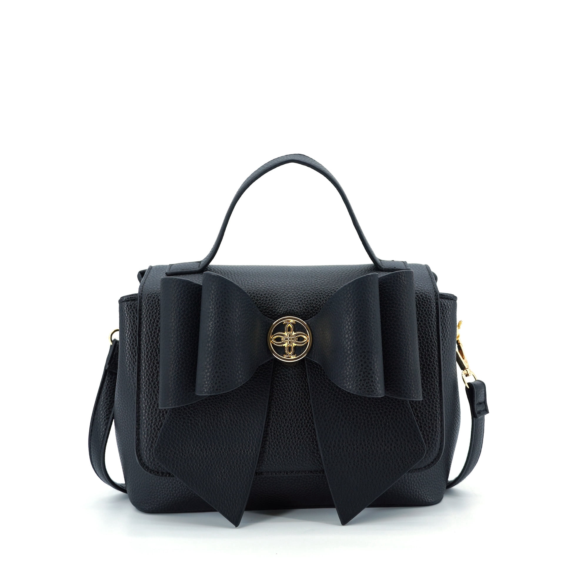 LIKE DREAMS Women's Vegan Leather Adjustable Detachable Strap Zoey Double Bow Crossbody Bag, Black