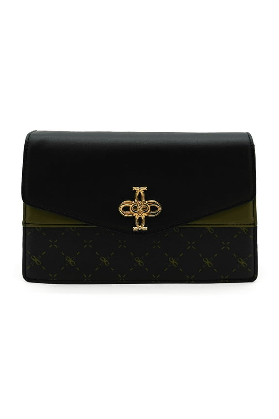 Women's Vegan Leather Nylon Compartment Dividers Structured Crossbody Bag, Black Olive