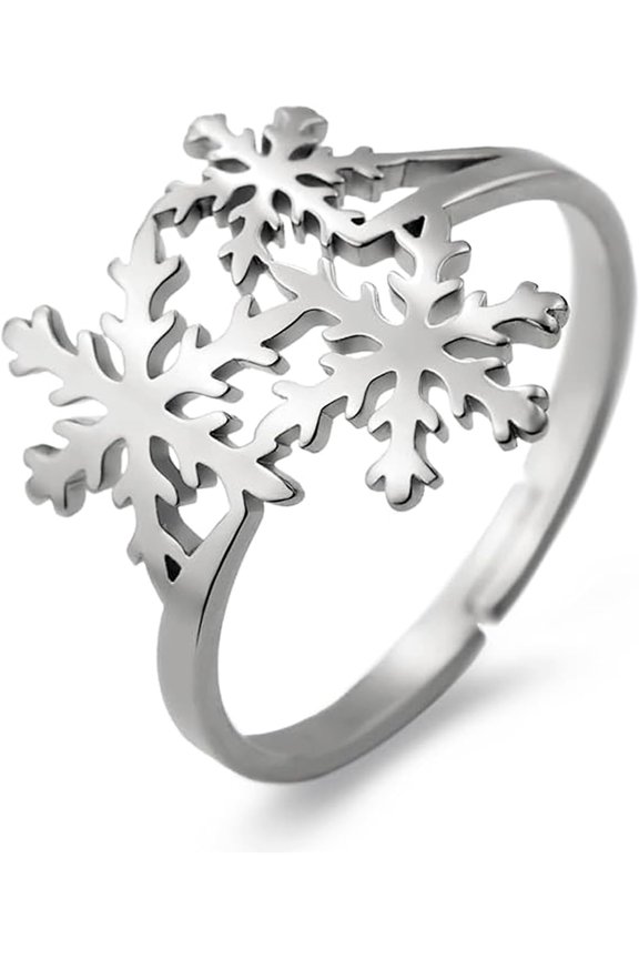 LIKGREAT Snowflake Ring Winter Ice Adjustable Rings For Women Stainless Steel Christmas Jewelry