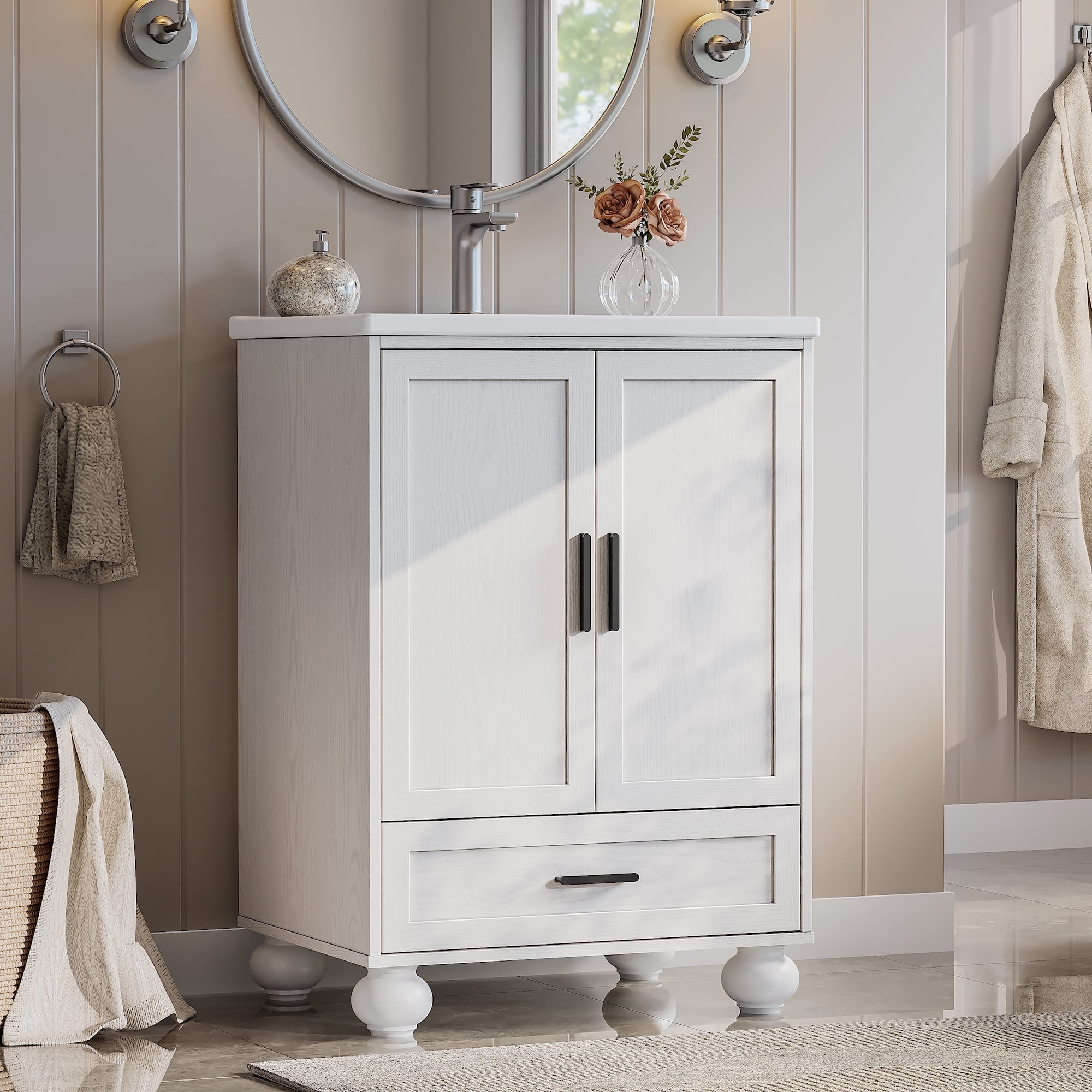 LIKIMIO 24" Bathroom Vanity with Ceramic Sink Combo, White Bathroom Storage Cabinet with Drawer, 4 Solid Legs, Adjustable Shelf, Freestanding Wooden Modern Bathroom Cabinet