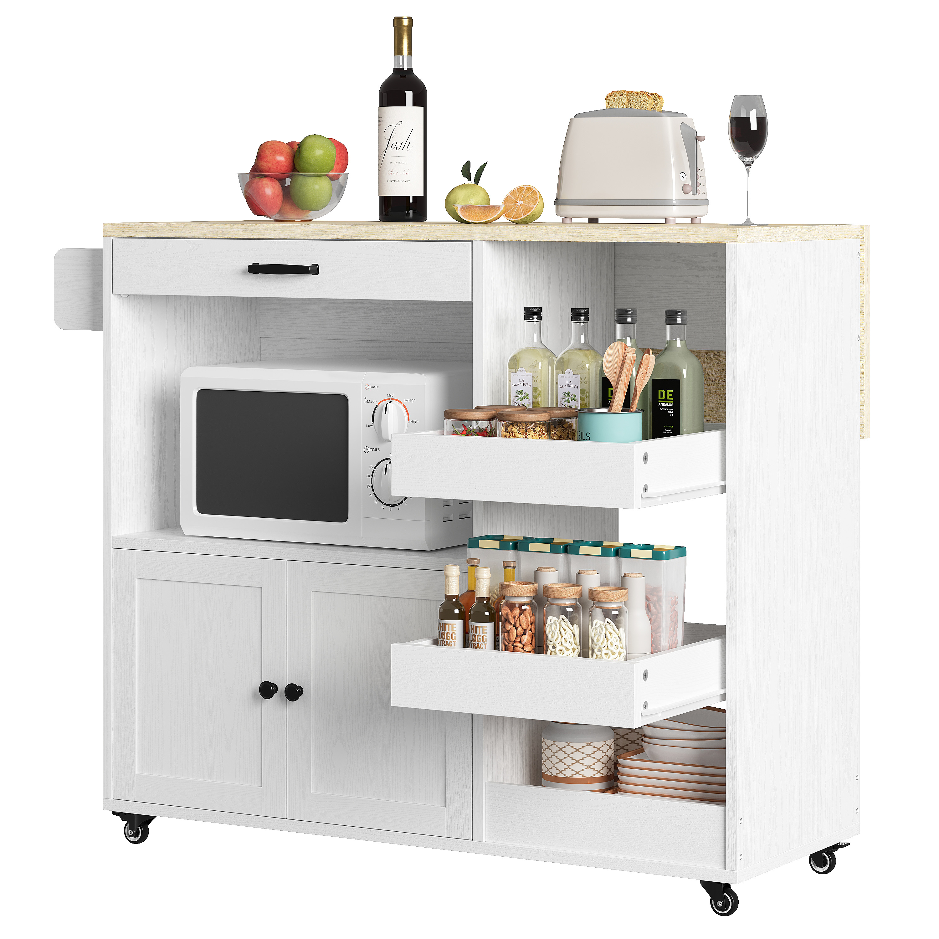 LIKIMIO 39.4" Rolling Kitchen Island Cart with Drop Leaf, Sliding Spice Rack, Lockable Wheels, Storage Door Cabinet and Drawer
