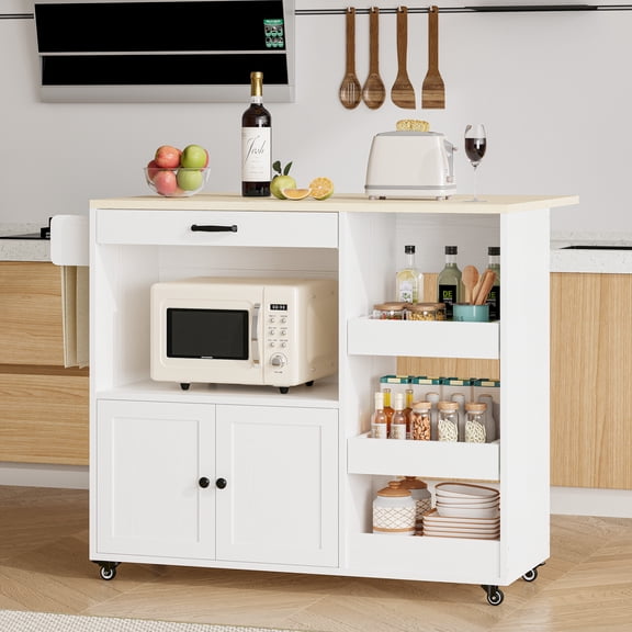 LIKIMIO 39.4" Rolling Kitchen Island Cart with Drop Leaf, Sliding Spice Rack, Storage Cabinet, Drawer & Lockable Wheels