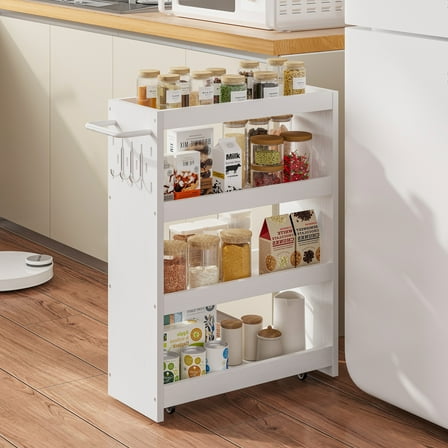 LIKIMIO 4 Tier Kitchen Storage Cart with Wheels, Slim Rolling Utility Cart with Handle and Hooks, 23.6"L x 9.4"W x 31.5"H