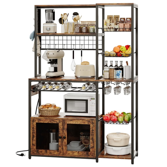 LIKIMIO 45.5" Wide Kitchen Bakers Rack with Power Outlets, Coffee Bar Table, Microwave Stand with 3 Wire Baskets and 10 Hooks