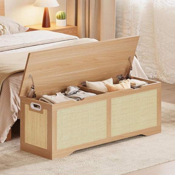 LIKIMIO 47.2" Rattan Storage Ottoman Chest, End of Bed , Storage Chest, Extra Large Entryway Trunk Toy Box for Bedroom, Living Room, Rustic Wood