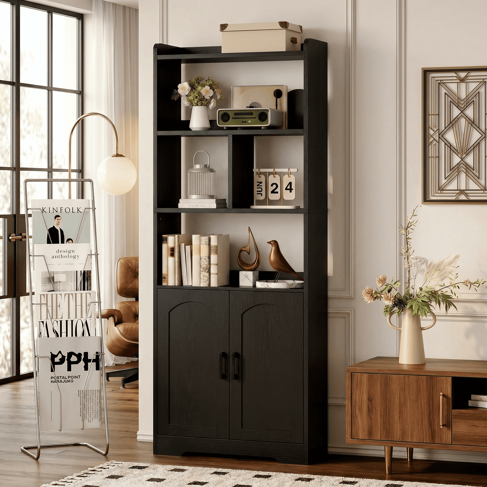 LIKIMIO Freestanding 63" Tall Bookcase, Wood Display Storage Cabinet with Closed Doors & Open Shelves for Living Room, Home Office & Bedroom, Black