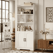 LIKIMIO 63" Tall Bookcase with Doors, Wood Bookshelf Open Display Shelf for Living Room Home Office, White