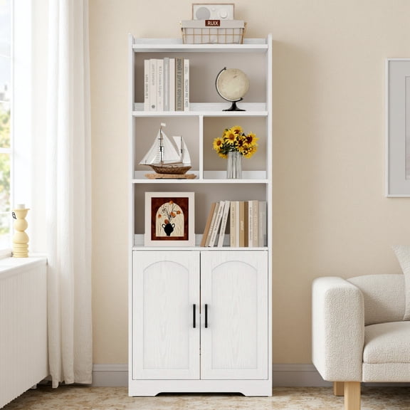 LIKIMIO 63" Tall Bookcase with Doors, Wood Bookshelf Open Display Shelf for Living Room Home Office, White