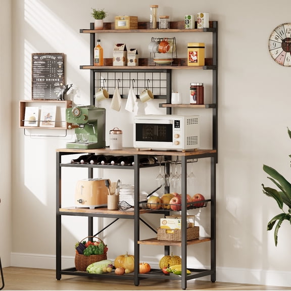 LIKIMIO 7-Tier Bakers Rack with Power Outlet, Microwave Stand Coffee Bar Station, Kitchen Storage Shelf with Hooks & Wire Basket