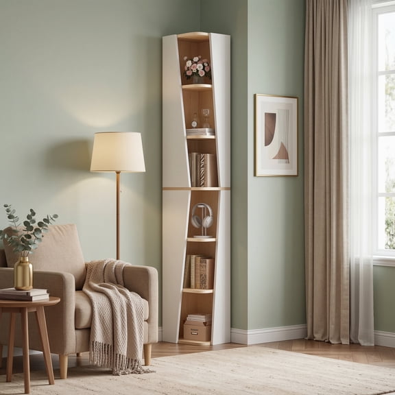 LIKIMIO 71" Tall Narrow Corner Bookcase, 6 Tier Cube Storage Display Bookshelf for Home Office, Natural