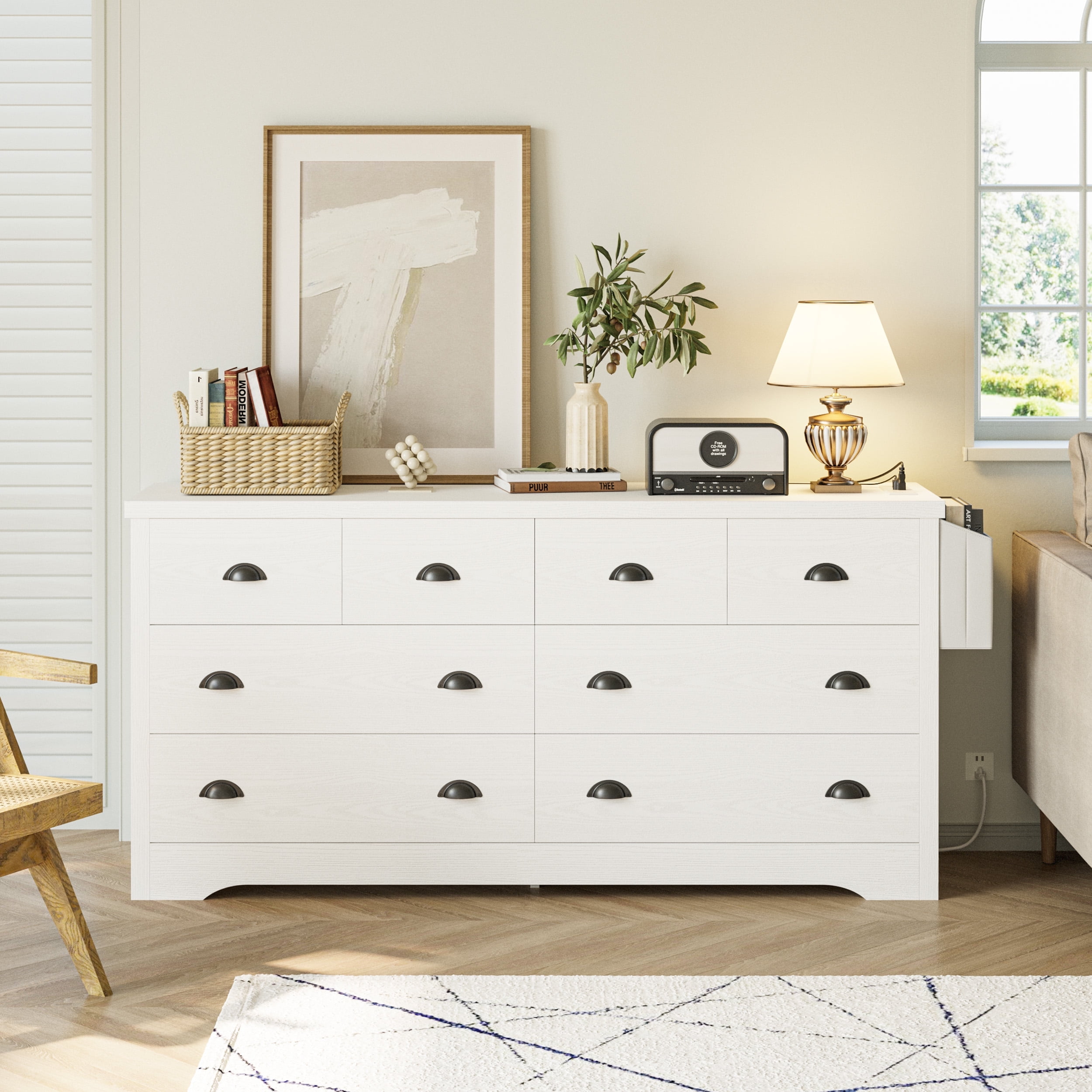 LIKIMIO 8 Drawer Dresser with Charging Station and Side Storage Bag, Wood Chest of Drawers, White Dresser