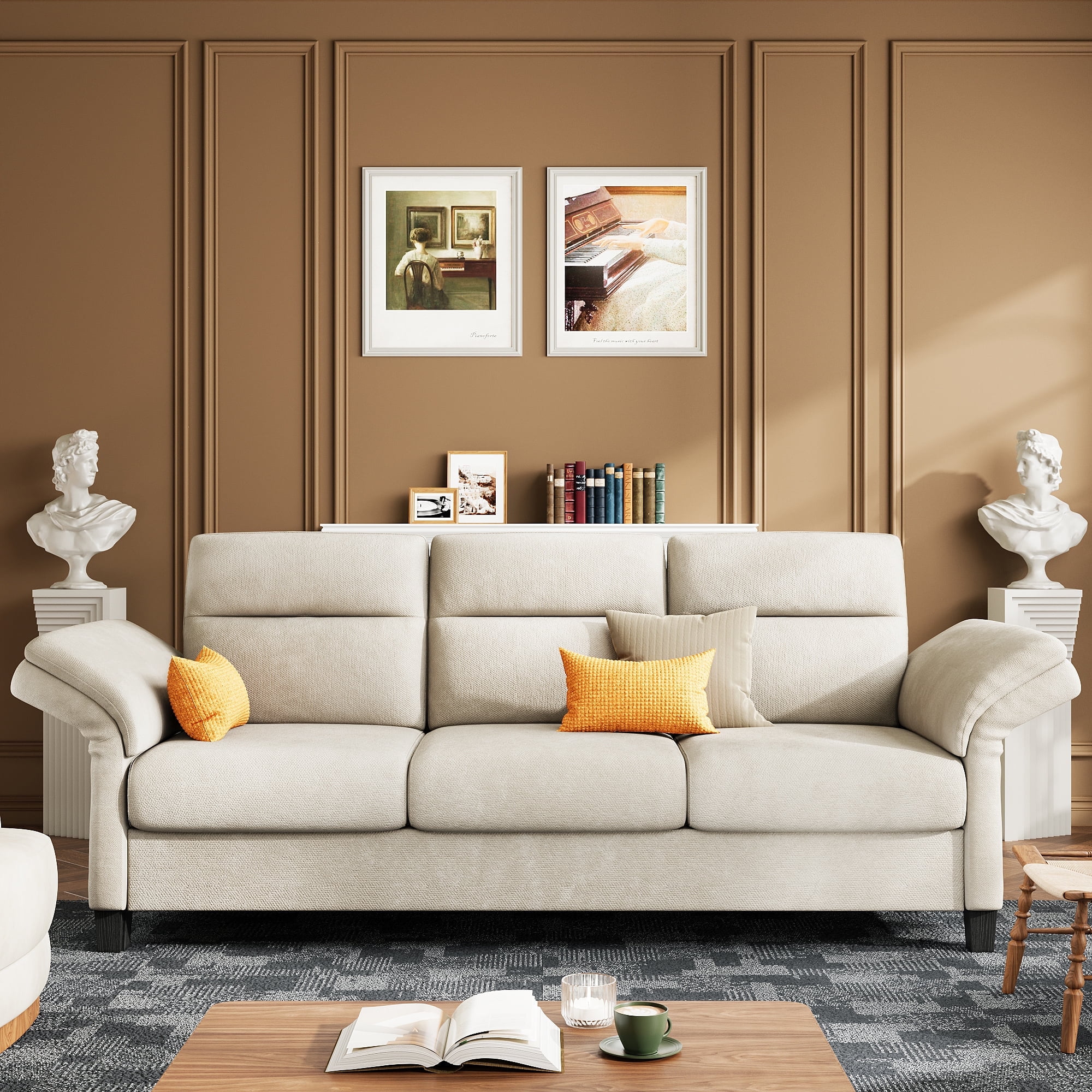 LIKIMIO 92 Inch Sofa, Comfy Couch with Adjustable armrests, Extra Deep Seats 3 Seater Sofa, Beige Chenille