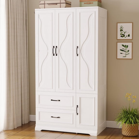 LIKIMIO Armoire Wardrobe Closet with 4 Doors and Drawers, Wardrobe Cabinet with Storage Shelves and Side Hooks, Clothing Storage Cabinet for Bedroom, White