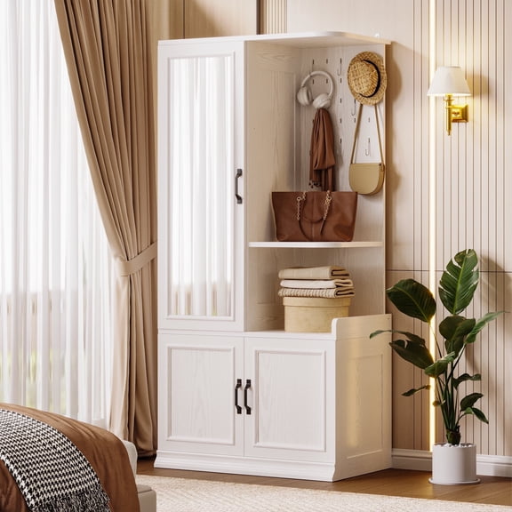 LIKIMIO Armoire Wardrobe with Full-Length Mirror for Adult, 70" H Freestanding Clothing Storage Closet with 3 Doors for Bedroom, White