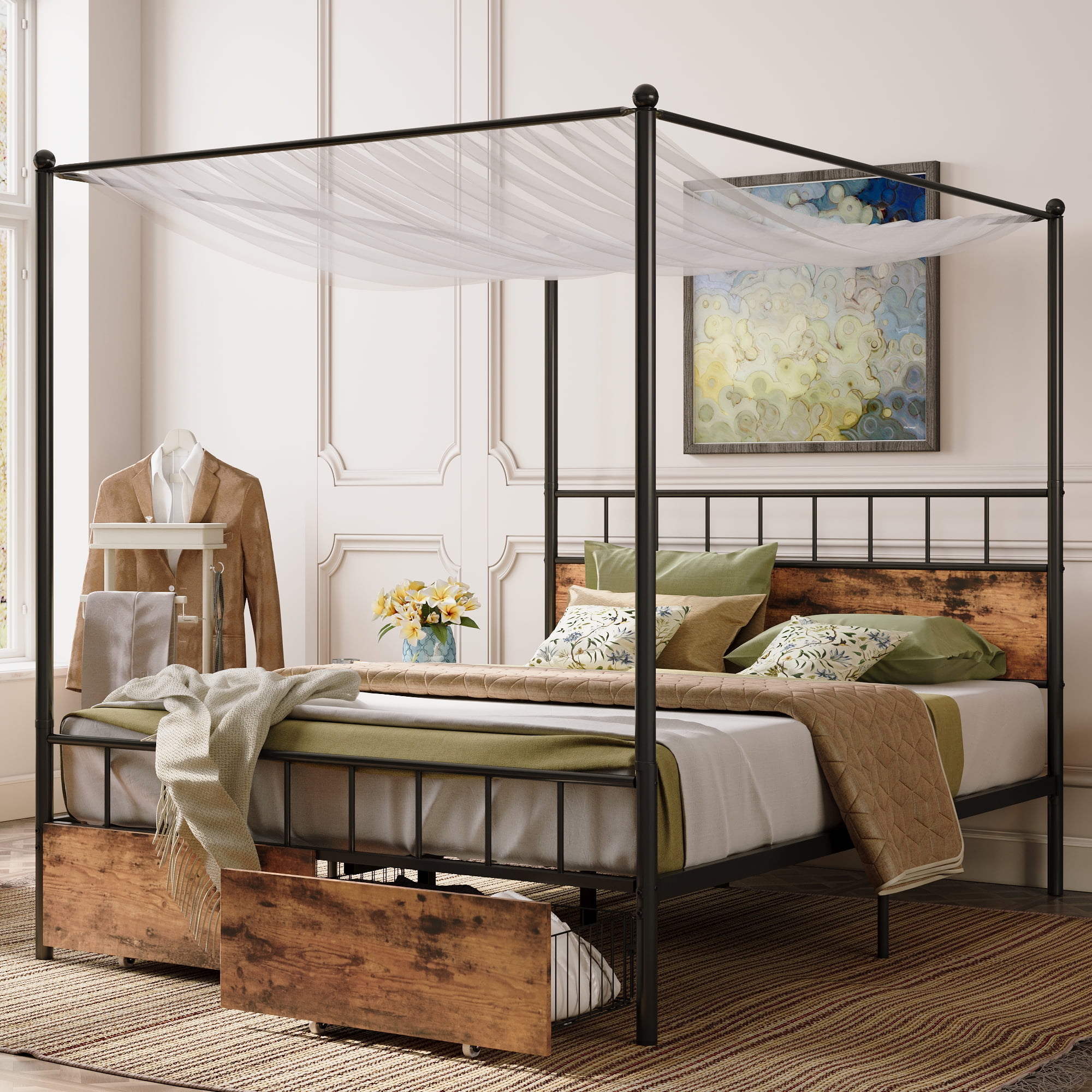 LIKIMIO Canopy Bed Frame Full with Wooden Headboard and Drawer, Full