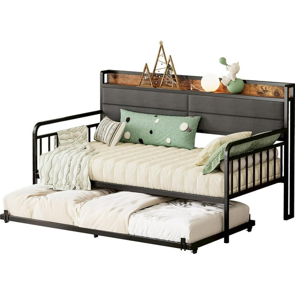 LIKIMIO Daybed with Trundle, Sturdy Metal Twin XL Size Bed Frame with Upholstered Headboard and Charging Station for Living Room, Bedroom and Guest Room, Black