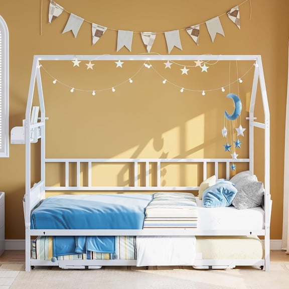 LIKIMIO Daybed with Trundle, House Bunk Twin Bed Frame with Storage,Day Sofa Bed for Living Room, Bedroom and Guest Room,White