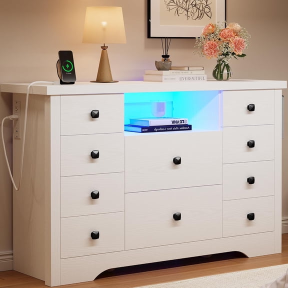LIKIMIO Dresser with 10 Drawers, Bedroom Wooden Chest of Drawers with LED Lights and Power Outlets, Fabric Side Pocket, TV Stand for Living Room, White