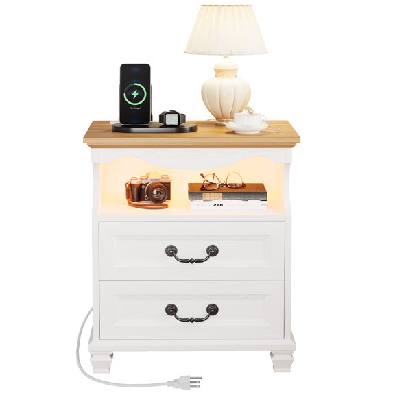LIKIMIO Farmhouse 2 Drawers Nightstand with Charging Station, LED LightsWood Modern Beside Tables for Bedroom and Living Room, White