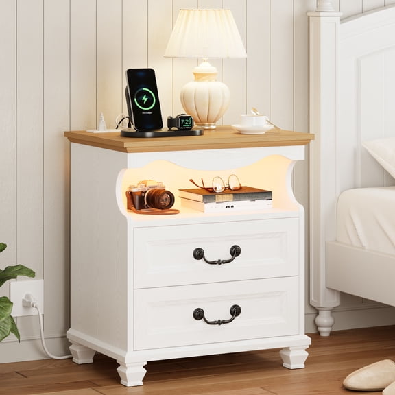 LIKIMIO Farmhouse 2 Drawers Nightstand with Charging Station, LED Bedside Table for Bedroom, Wood End Side Table for Living Room