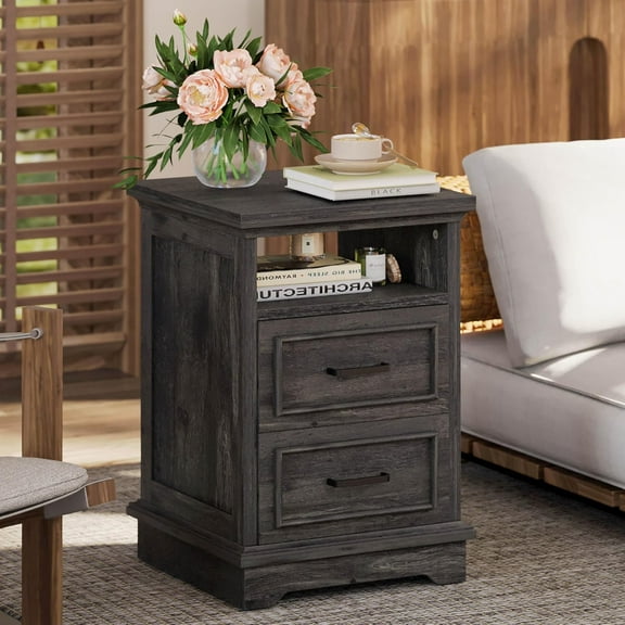 LIKIMIO Farmhouse Nightstand with Storage Drawers and Open Shelf, Small End Tables Living Room, Rustic Wood Side Tables for Bedroom, Roman Column Design, Charcoal Grey
