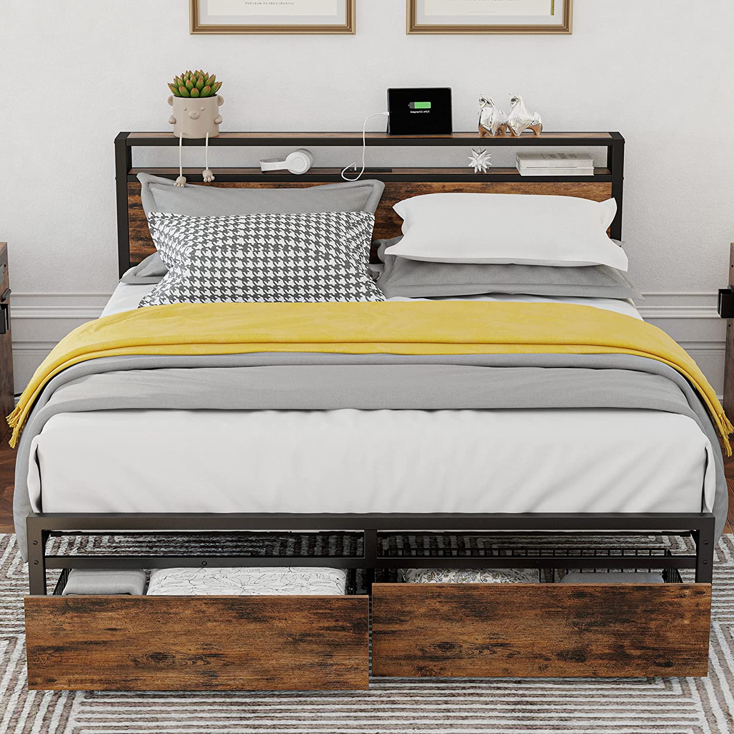 LIKIMIO Full Size Bed Frame with Storage Drawers Platform Bed with
