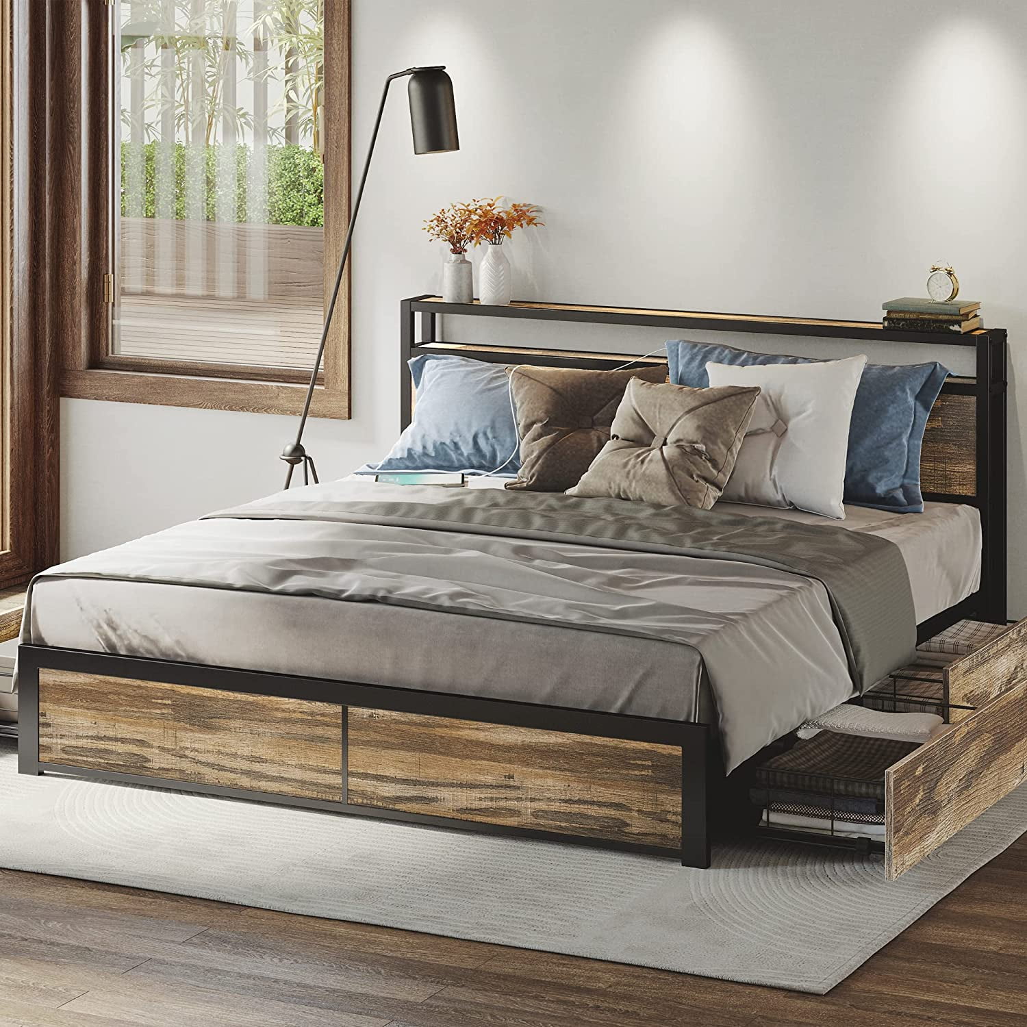 LIKIMIO Rustic Full Size Bed Frame With Storage, Charging Station, And ...