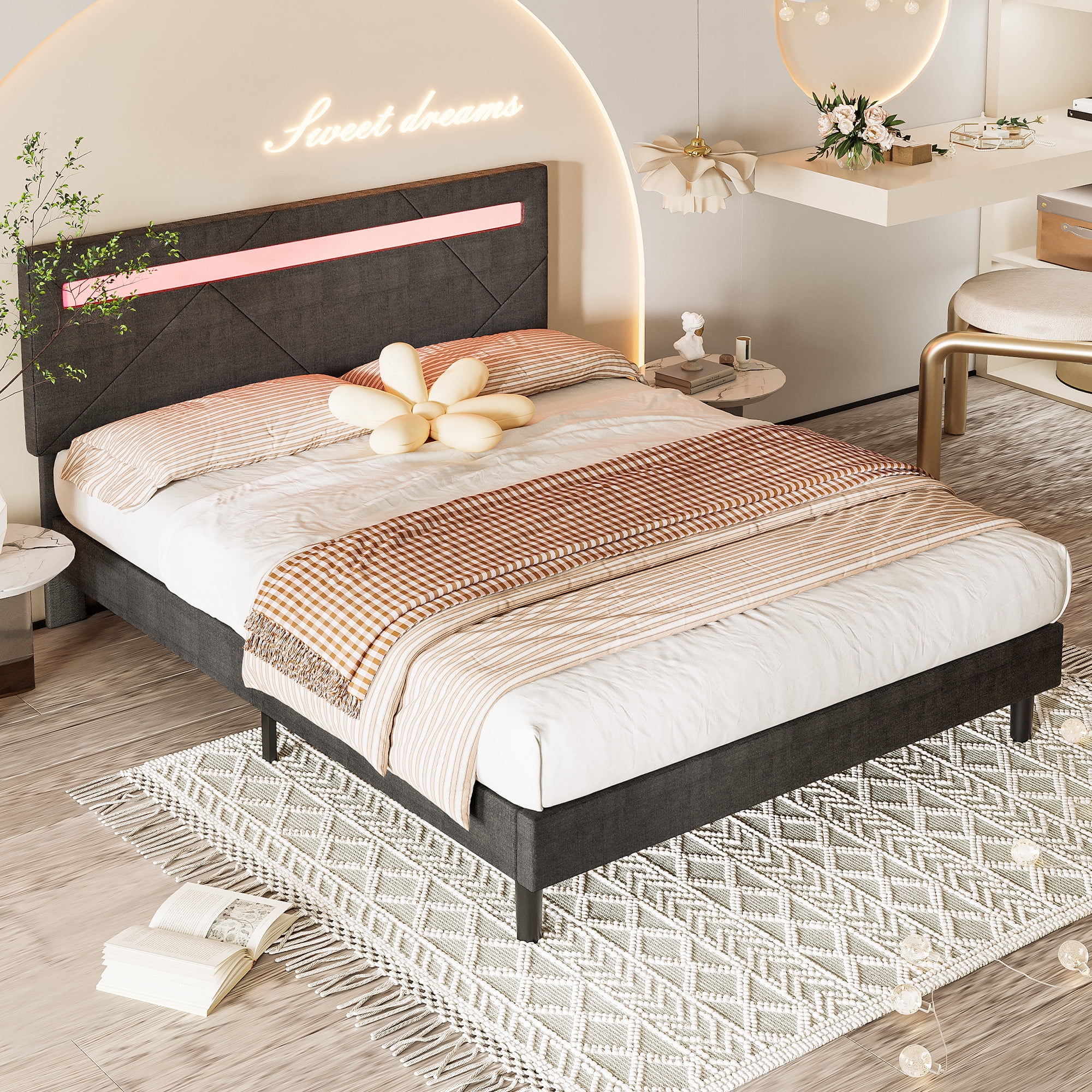 LIKIMIO Full Size Bed Frame with Adjustable Upholstered Headboard, LED