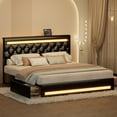 thumbnail image 1 of LIKIMIO King Bed Frame with LED Light, PU Leather Platform Bed,Charging Station, 4 Storage Drawers, Adjustable Crystal Button Tufted Headboard, No Box Spring Needed, Black, 1 of 9