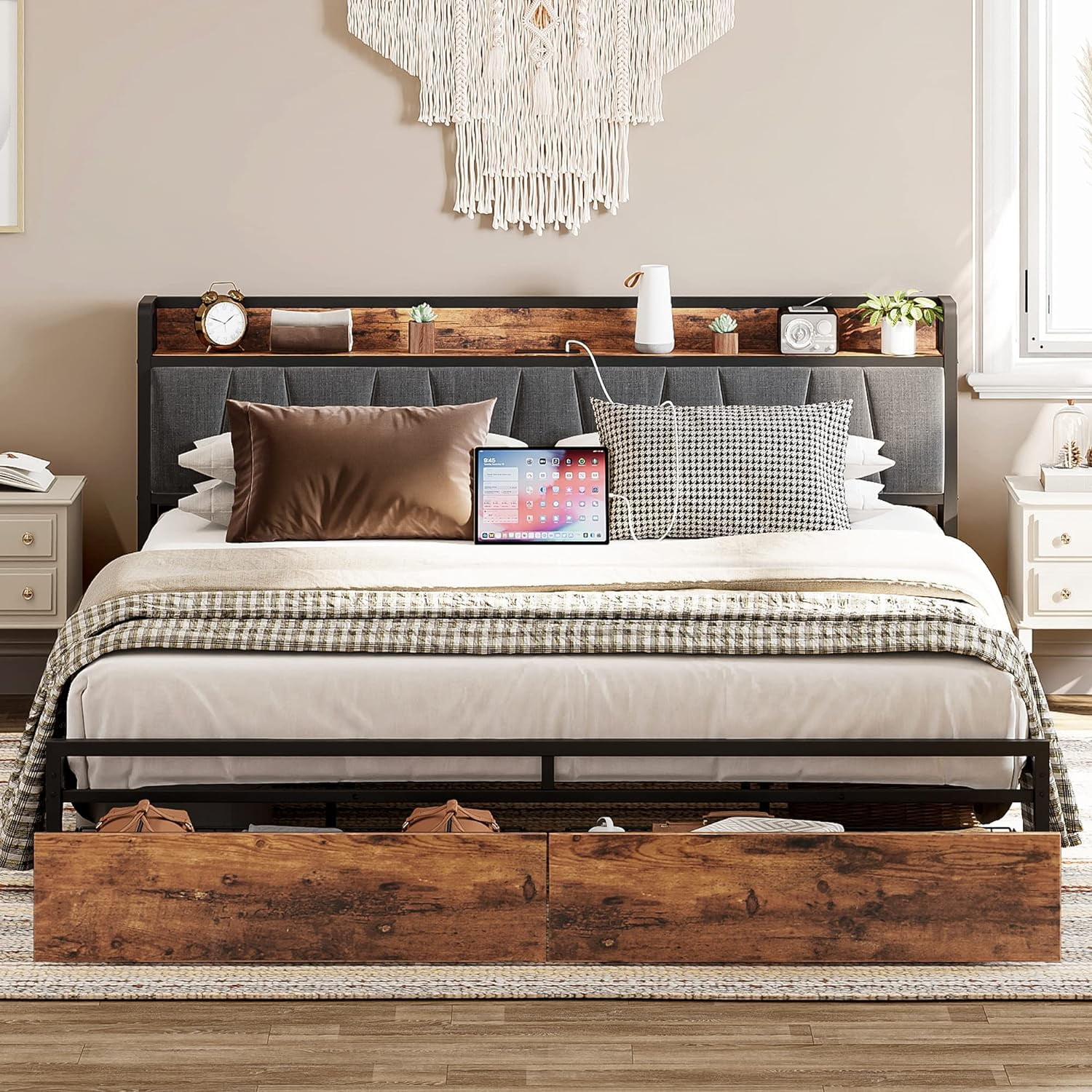 LIKIMIO Upholstered King Size Bed Frame with Storage Drawers, High