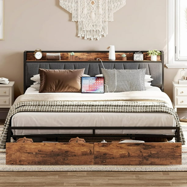 LIKIMIO King Metal Bed Frame with 2 Storage Drawers, Sturdy for Adults