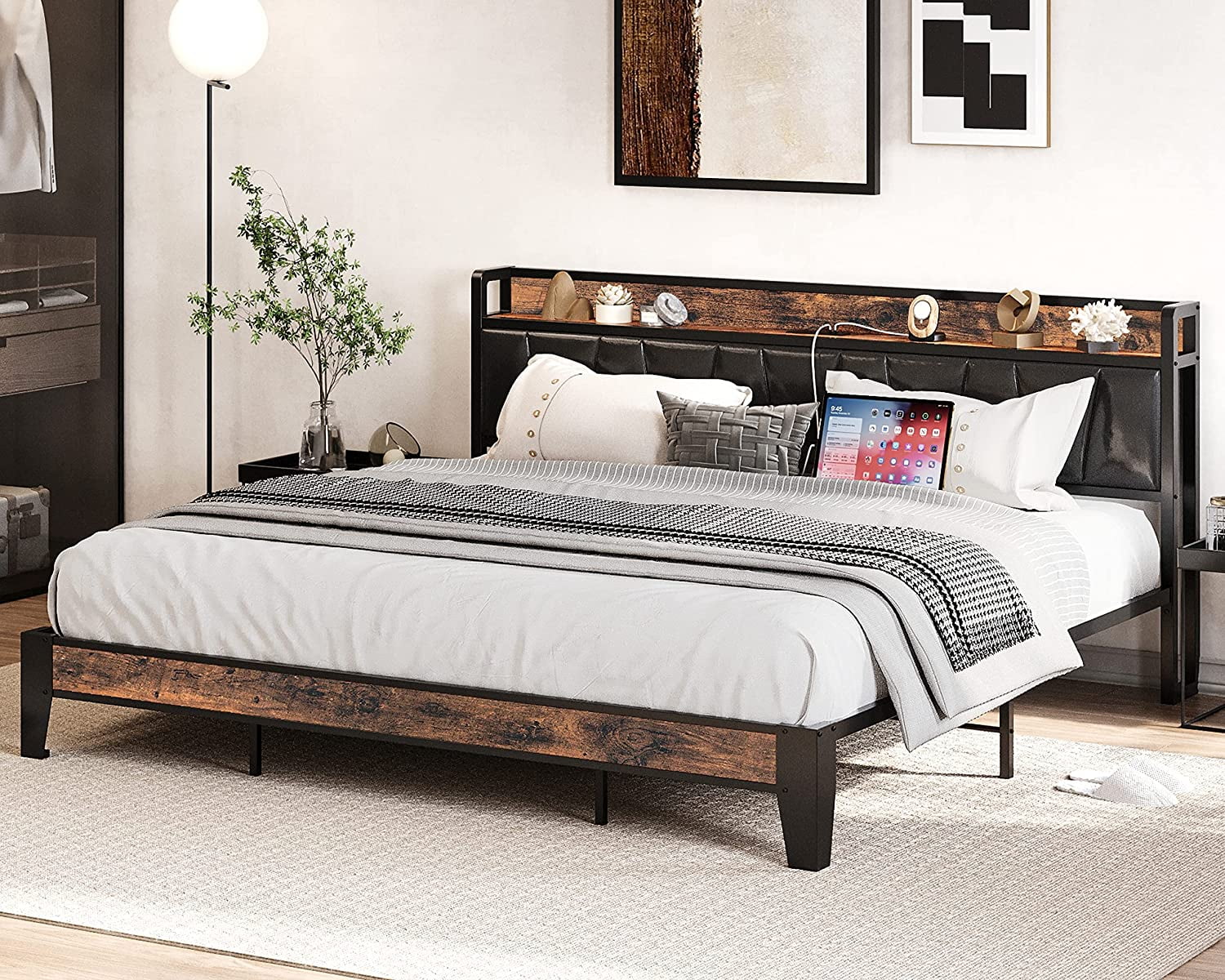 LIKIMIO King Metal Bed Frame with Black Storage Headboard for Adults ...