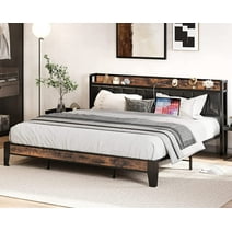 LIKIMIO King Metal Bed Frame with Black Storage Headboard for Adults, Retro Black