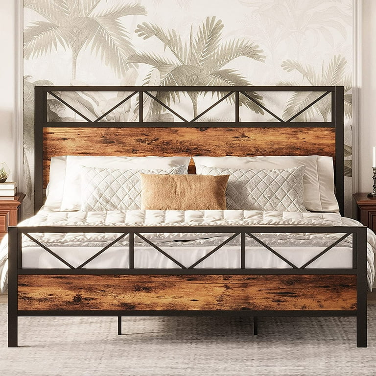 LIKIMIO King Metal Bed Frame with Tall Headboard Sturdy and Stable for Adults Industrial Brown