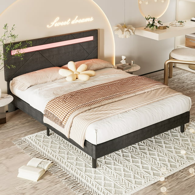 LIKIMIO LED Light Full Size Platform Bed Frame with Adjustable