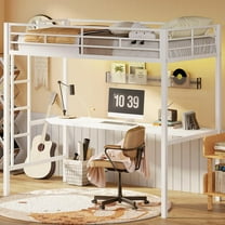 LIKIMIO Loft Bed Twin Size with Desk, Metal Loft Bed Frame with Power Outlet and LED Lighted, Space-Saving, Noise Free, White