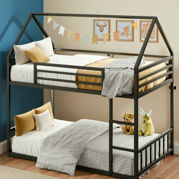 LIKIMIO Metal Bunk Bed Frame Twin XL Over Twin XL, with Ladder and Guardrail, No Box Spring Needed, Black