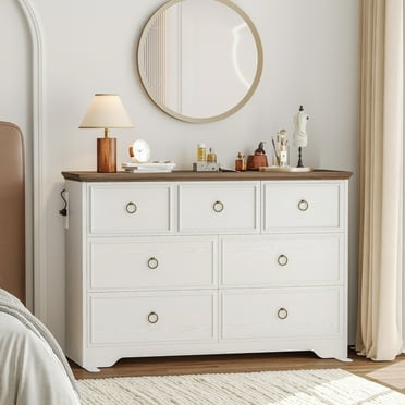 LIKIMIO 7 Drawer Dresser with Power Outlets, 47.2'' Wood Chest of Drawers for Bedroom Living Room