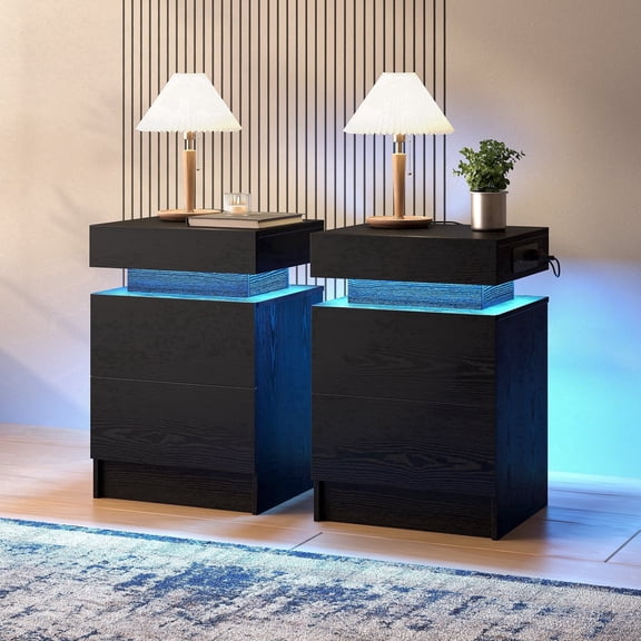 LIKIMIO Modern Black Nightstand Set of 2 with USB Charging Station and LED Lights, 2-Drawer Bedside End Table Furniture for Bedroom, Living Room & Office
