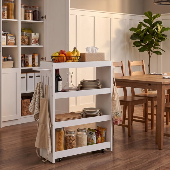LIKIMIO 23.6" Rolling Kitchen Storage Cart with Wheels, Wooden Slim Pantry Organizer, 3-Tier Utility Cart with Handle, Hooks & Lockable Casters, White