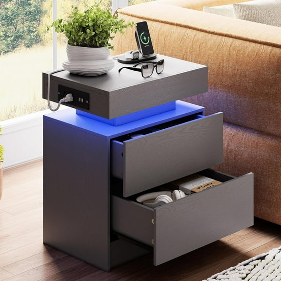 LIKIMIO Night Stand with Charging Station, Modern Grey Nightstand with LED Light and Drawers, Bedside Tables/End Table for Bedroom