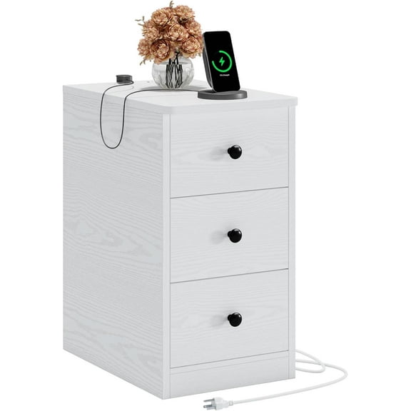 LIKIMIO Nightstand with Charging Station, Narrow Bedside Table with 3 Drawers, End Table with USB Ports and Outlets, Side Table for Living Room/Bedroom Modern