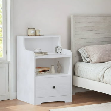 LIKIMIO Modern Nightstand with Drawer and 3 Open Shelves, White End Table