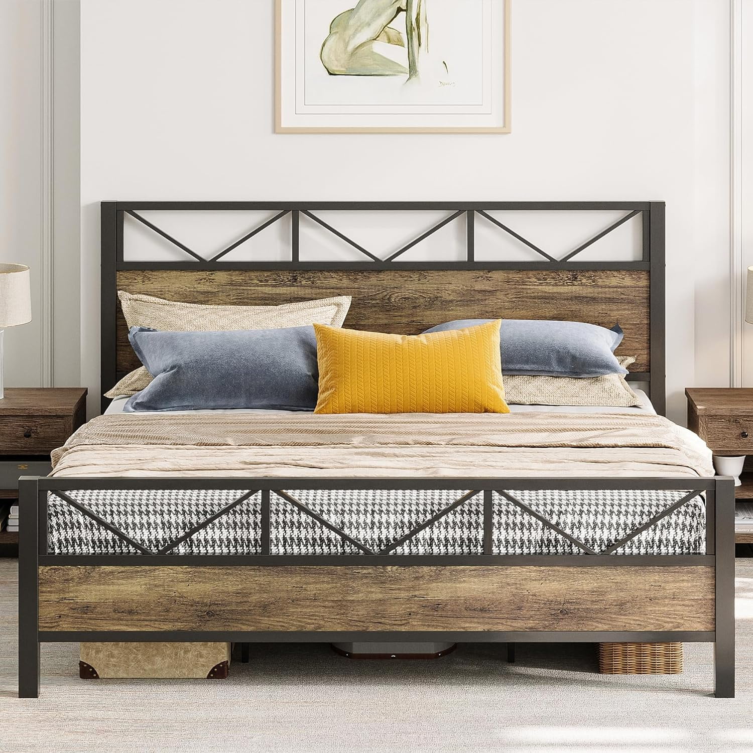 LIKIMIO Queen Bed Frame, Tall Industrial Headboard 51.2 ", Platform Bed