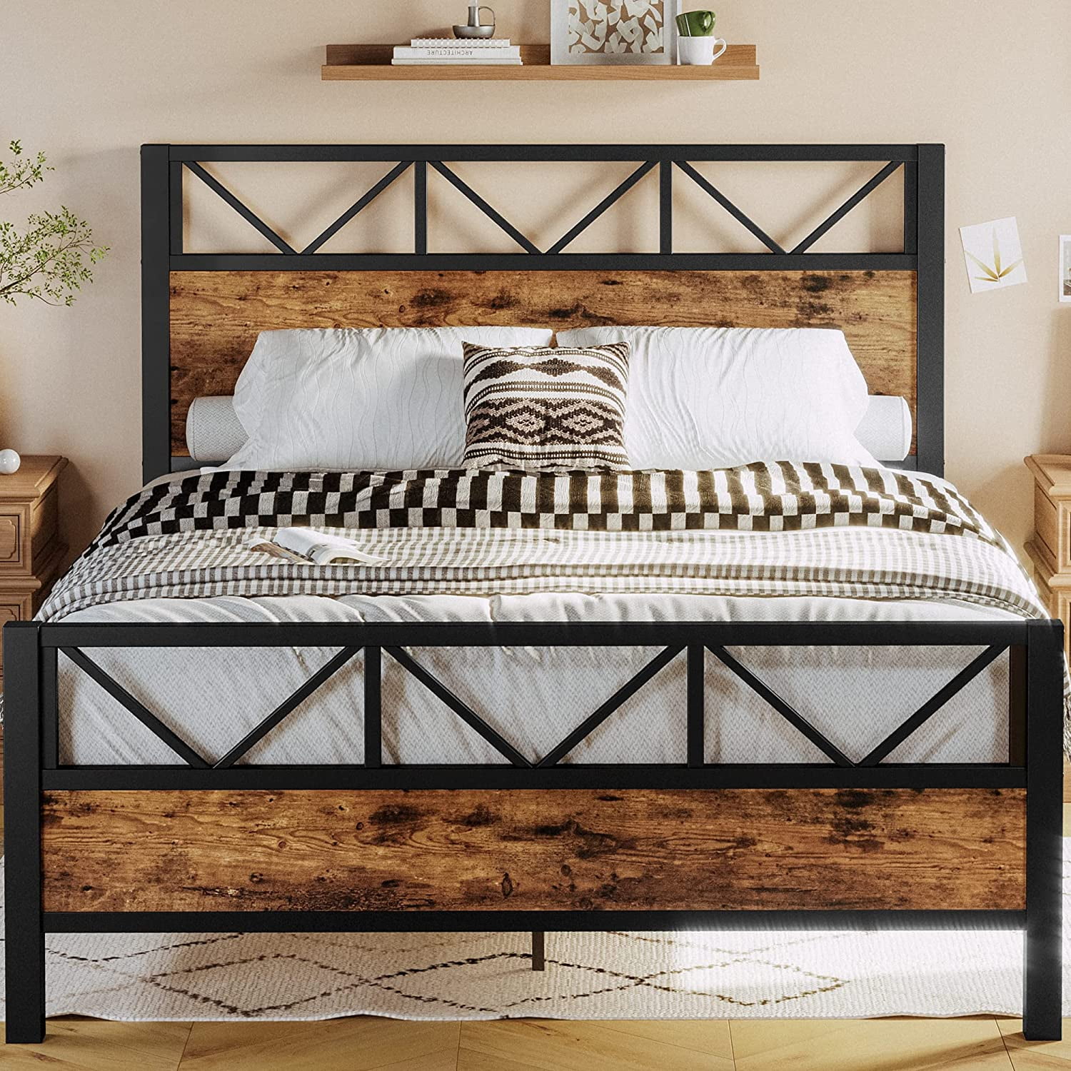 LIKIMIO Queen Bed Frame, Tall Industrial Headboard 51.2 ", Platform Bed