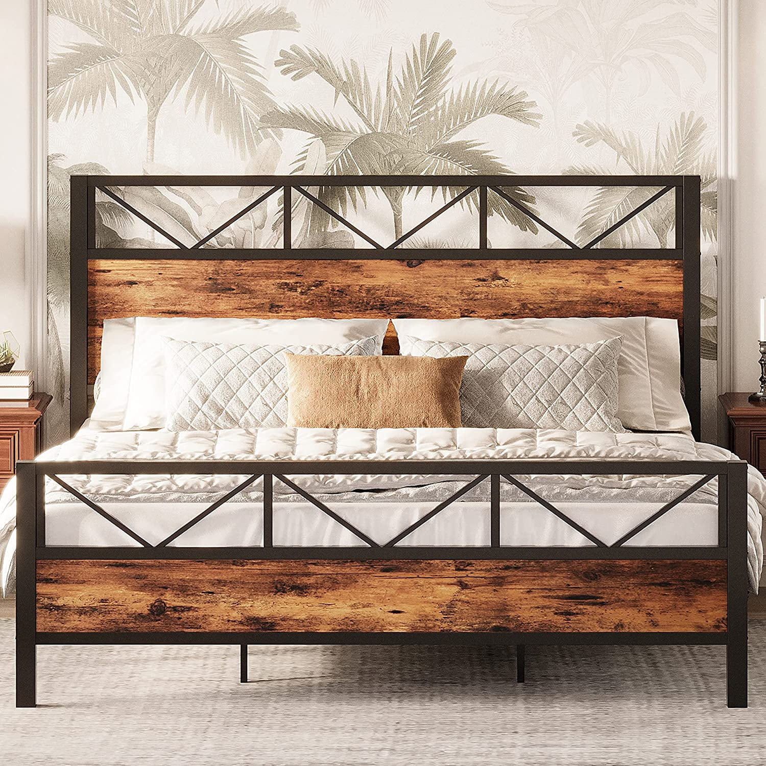 LIKIMIO Queen Bed Frame, Tall Industrial Headboard 51.2 ", Platform Bed