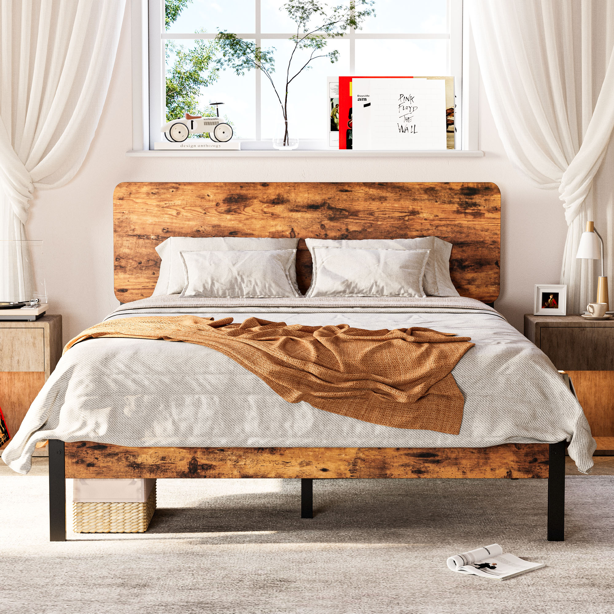 LIKIMIO Queen Platform Bed Frame with Headboard, Easy Assembly, Vintage