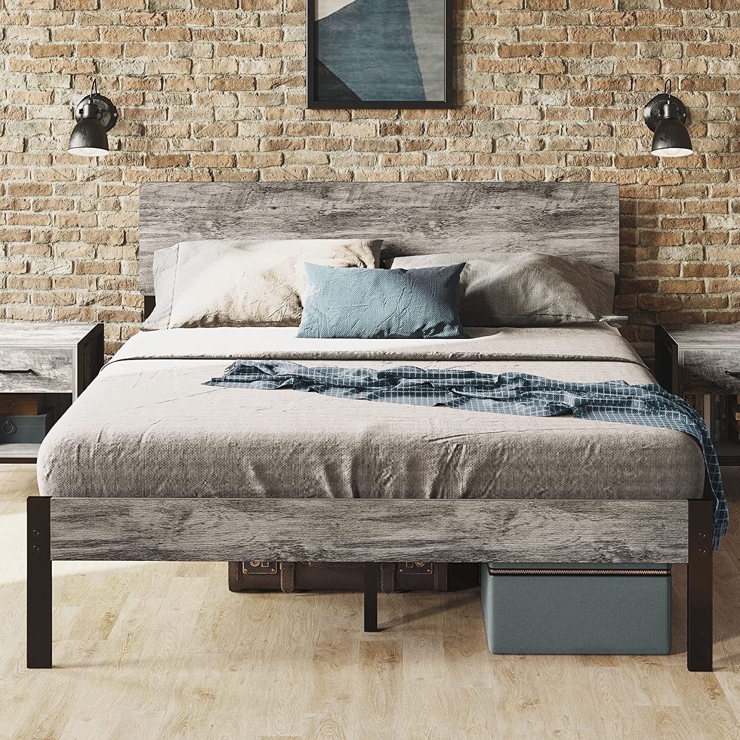 LIKIMIO Queen Platform Bed Frame with Headboard and Underbed Storage